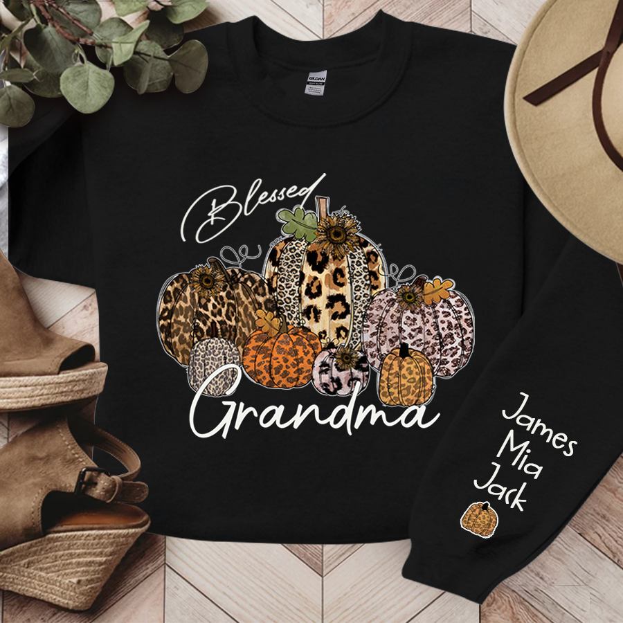 Lofaris Personalized Blessed Grandma Vintage Fall Leopard Pumpkin And Grandkids Sweatshirt
