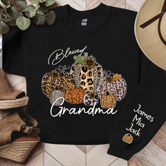 Lofaris Personalized Blessed Grandma Vintage Fall Leopard Pumpkin And Grandkids Sweatshirt