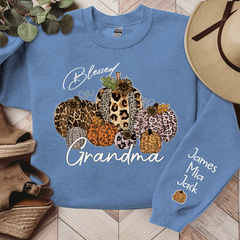 Lofaris Personalized Blessed Grandma Vintage Fall Leopard Pumpkin And Grandkids Sweatshirt