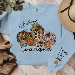 Lofaris Personalized Blessed Grandma Vintage Fall Leopard Pumpkin And Grandkids Sweatshirt
