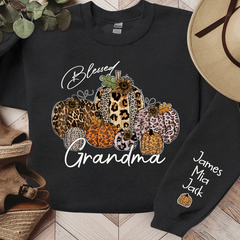 Lofaris Personalized Blessed Grandma Vintage Fall Leopard Pumpkin And Grandkids Sweatshirt