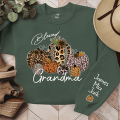 Lofaris Personalized Blessed Grandma Vintage Fall Leopard Pumpkin And Grandkids Sweatshirt