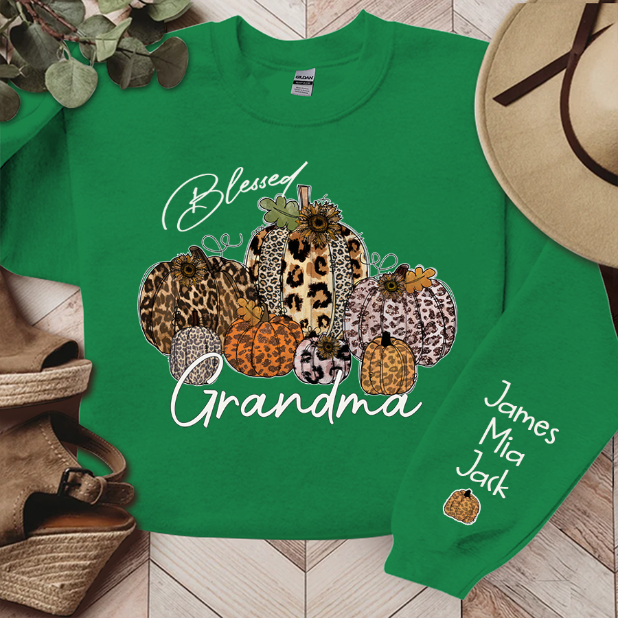 Lofaris Personalized Blessed Grandma Vintage Fall Leopard Pumpkin And Grandkids Sweatshirt
