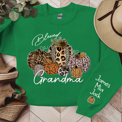 Lofaris Personalized Blessed Grandma Vintage Fall Leopard Pumpkin And Grandkids Sweatshirt