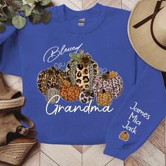 Lofaris Personalized Blessed Grandma Vintage Fall Leopard Pumpkin And Grandkids Sweatshirt
