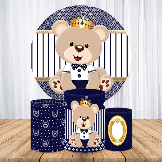 Lofaris Blue And Brown Bear Round Boys Baby Shower Backdrop Kit