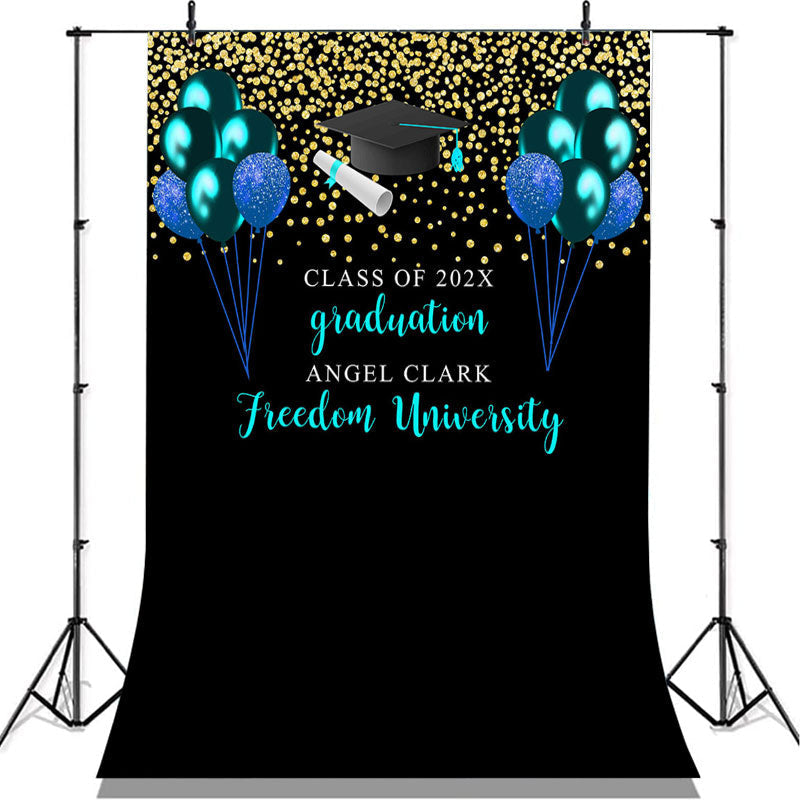 Lofaris Blue And Glitter Gold Balloons Graduation Backdrop