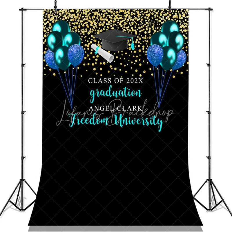 Lofaris Blue And Glitter Gold Balloons Graduation Backdrop