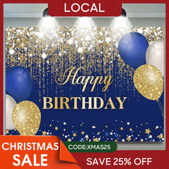 (7 Day Delivery) Lofaris Blue Gold Balloons Glitter Birthday Backdrop
