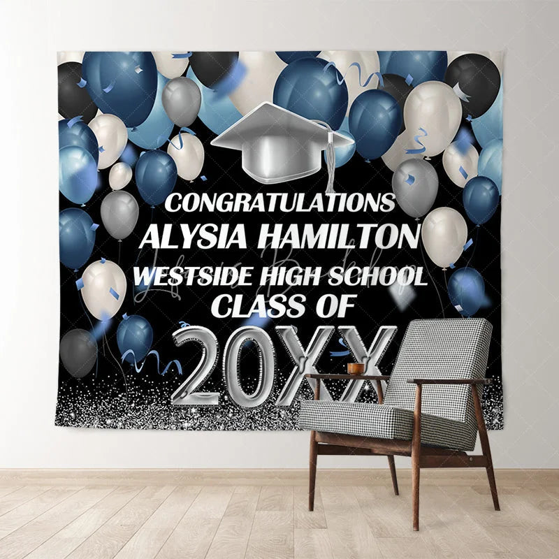 Lofaris Blue And Silver Ballons Glitter Class Of 2022 Backdrop