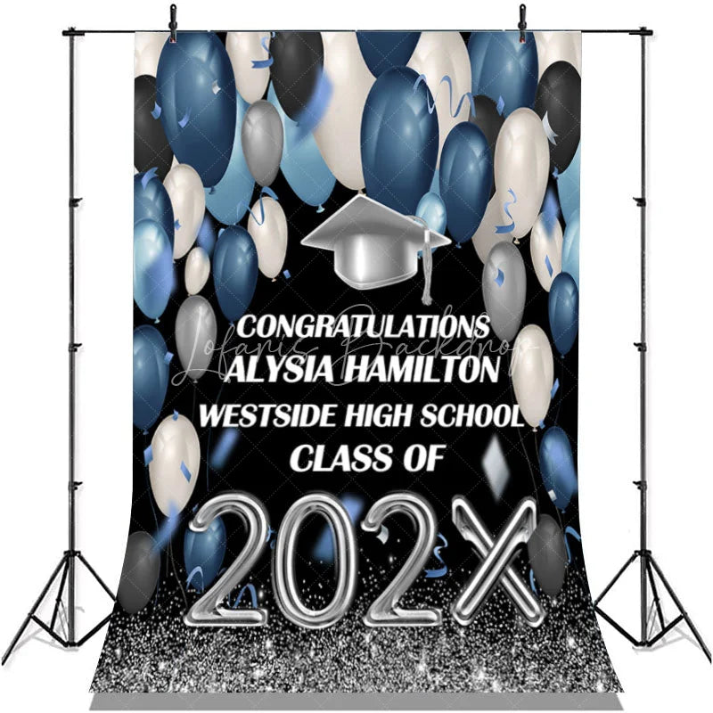Lofaris Blue And Silver Ballons Glitter Class Of 2022 Backdrop