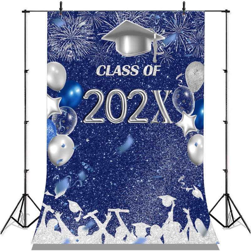 Lofaris Blue And Silver Glitter Ballons Class Of 2022 Backdrop