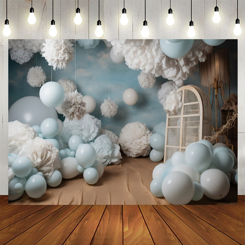Lofaris Blue Balloons White Velvet Flower Birthday Backdrop