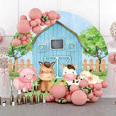 Lofaris Blue Barn Animals Grass Tree Round Birthday Backdrop