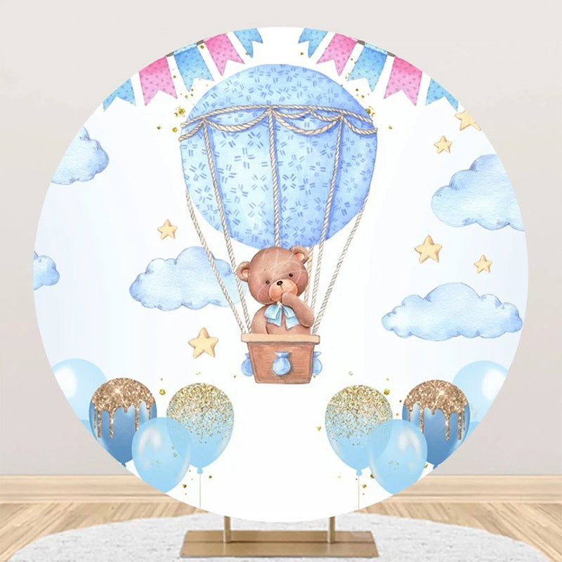 Lofaris Blue Bear Hot Air Balloon Circle Birthday Backdrop