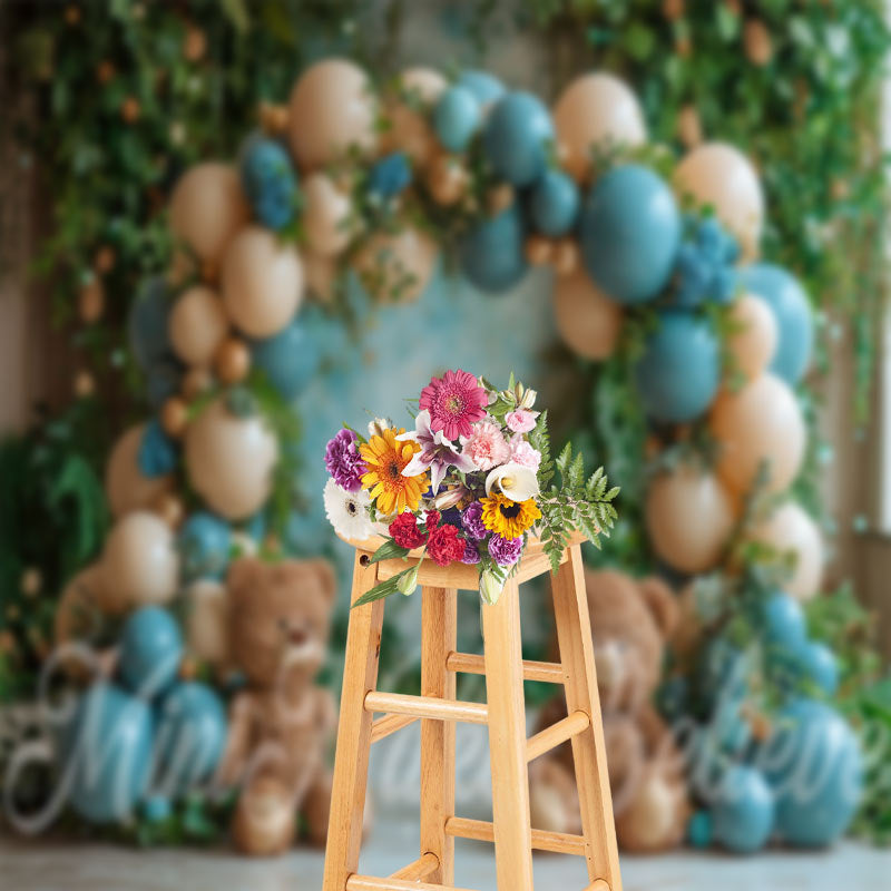 Lofaris Blue Beige Balloon Leaves Bear Cake Smash Backdrop