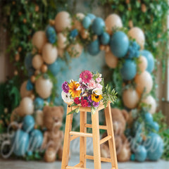Lofaris Blue Beige Balloon Leaves Bear Cake Smash Backdrop