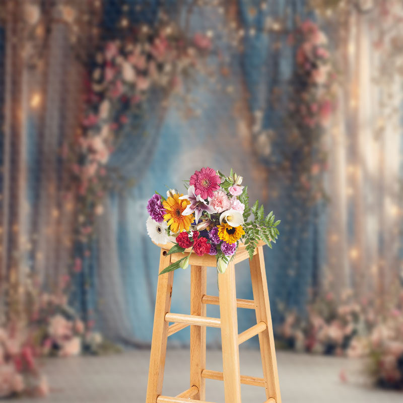 Lofaris Blue Beige Curtain Dim Light Pink Floral Backdrop