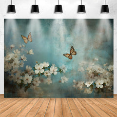 Lofaris Blue Butterfly And White Flowers Birthday Backdrop
