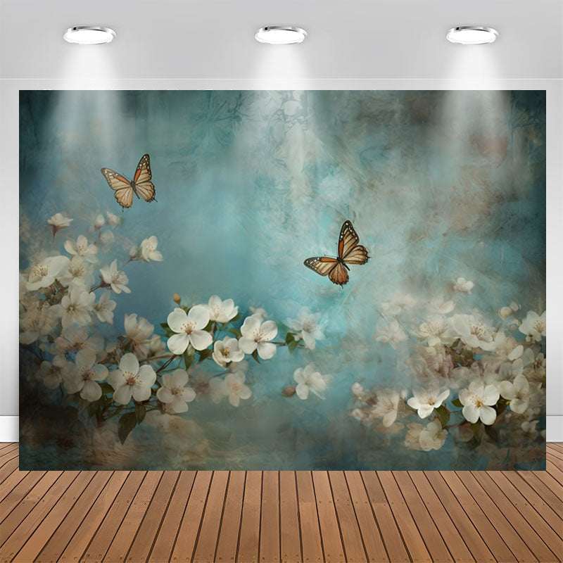 Lofaris Blue Butterfly And White Flowers Birthday Backdrop
