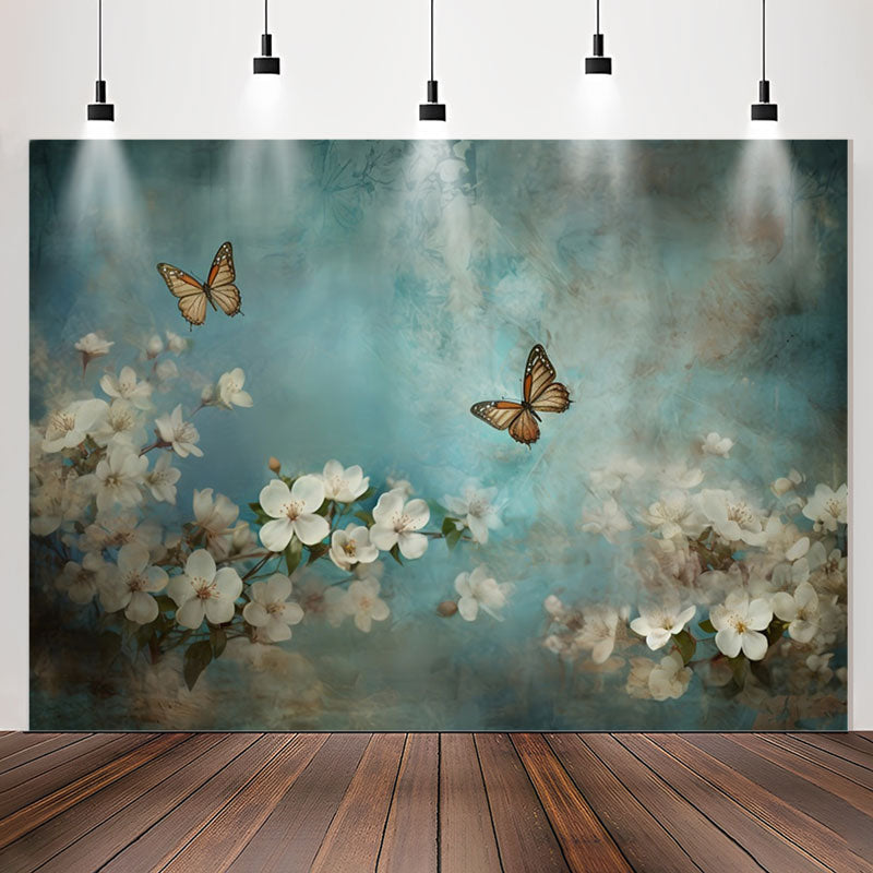 Lofaris Blue Butterfly And White Flowers Birthday Backdrop