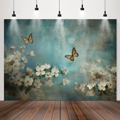 Lofaris Blue Butterfly And White Flowers Birthday Backdrop