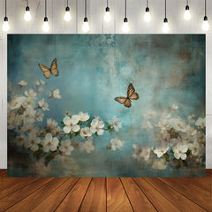 Lofaris Blue Butterfly And White Flowers Birthday Backdrop