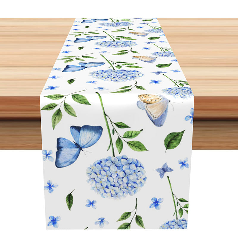 Lofaris Blue Butterfly Floral Green Leaves Table Runner