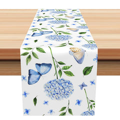 Lofaris Blue Butterfly Floral Green Leaves Table Runner