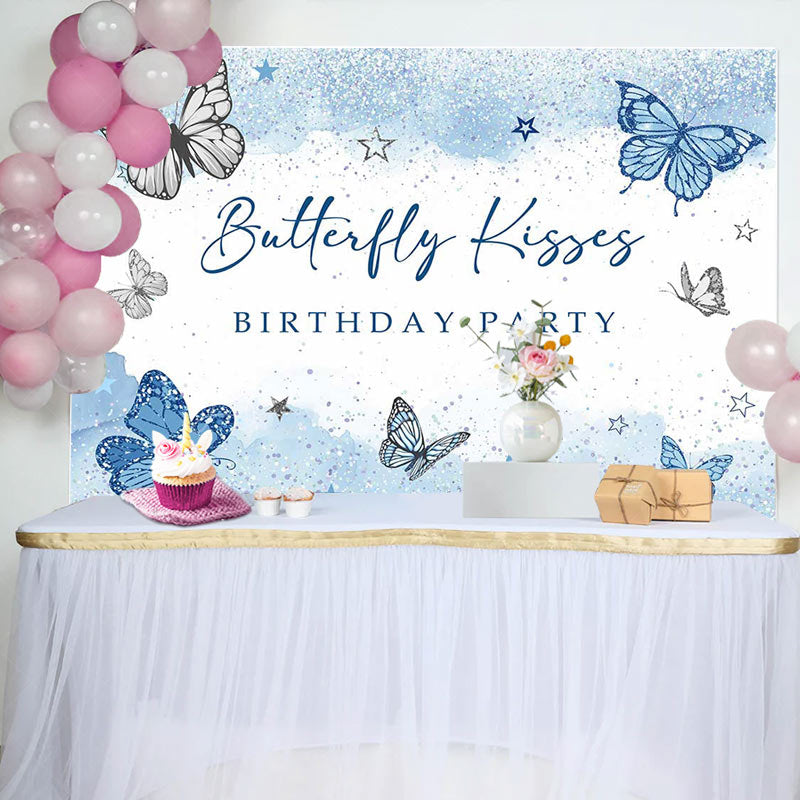 Lofaris Blue Butterfly Kisses Glitter Birthday Backdrop