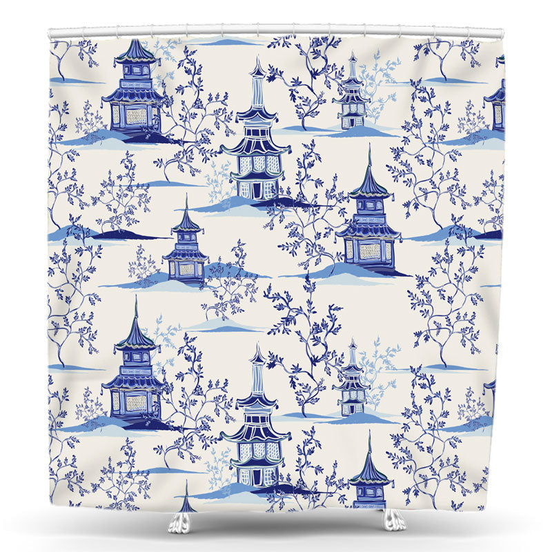 Lofaris Blue Chinese Pagodas Mountains Trees Shower Curtain