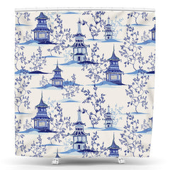Lofaris Blue Chinese Pagodas Mountains Trees Shower Curtain