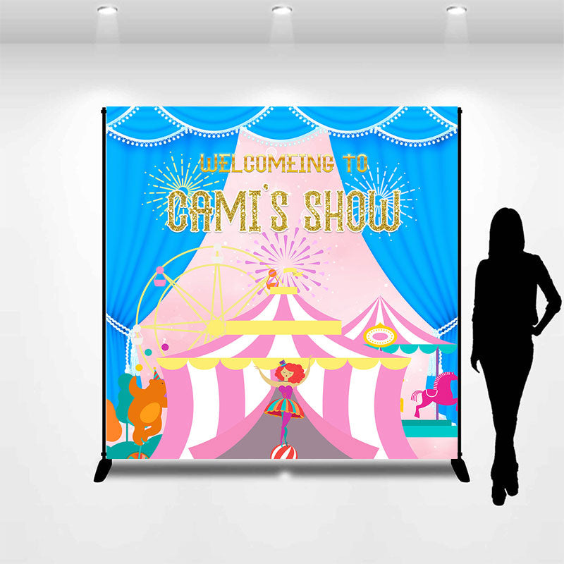 Lofaris Blue Curtain Pink Circus Show Custom Party Backdrop