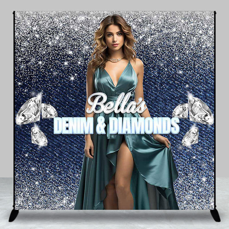 Lofaris Blue Denim Diamonds Glitter Custom Birthday Backdrop