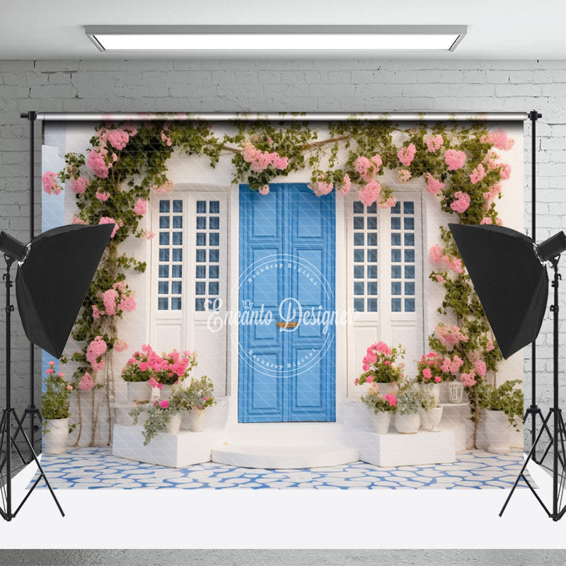 Lofaris Blue Door Floral Leaf Spring Backdrop For Photograph