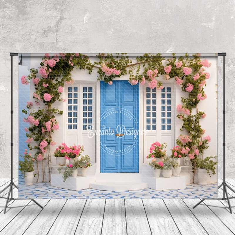 Lofaris Blue Door Floral Leaf Spring Backdrop For Photograph