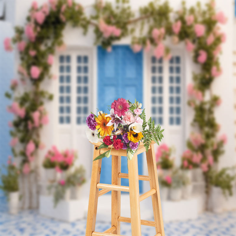 Lofaris Blue Door Floral Leaf Spring Backdrop For Photograph