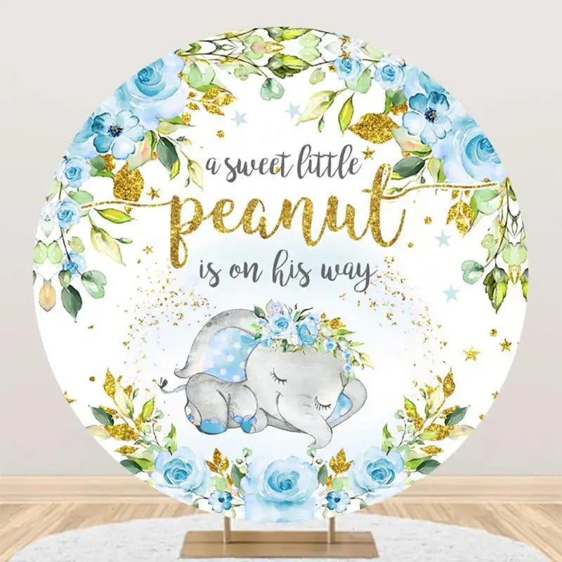 Lofaris Blue Elephant Floral Gold Round Baby Shower Backdrop