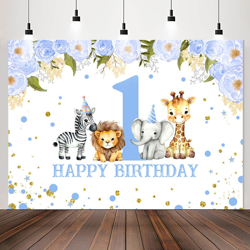 Lofaris Blue Floral Animals Safari 1St Birthday Backdrop