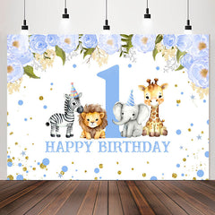 Lofaris Blue Floral Animals Safari 1St Birthday Backdrop