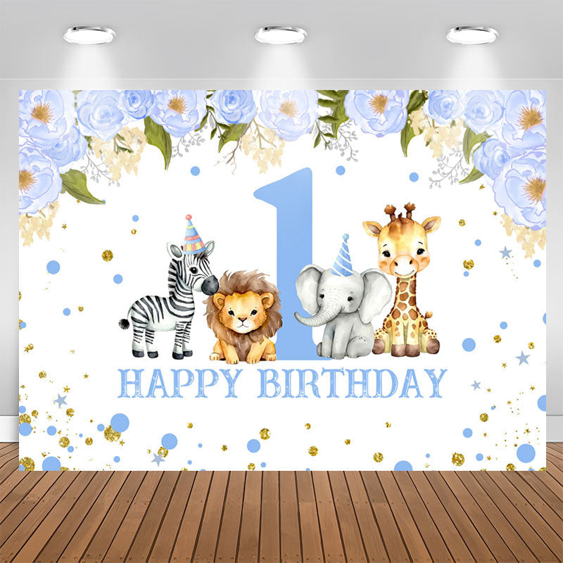 Lofaris Blue Floral Animals Safari 1St Birthday Backdrop