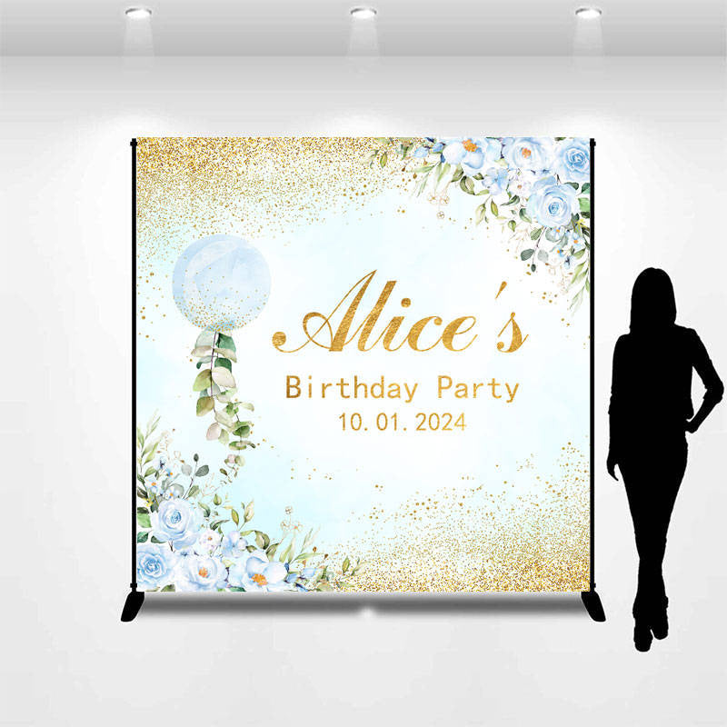Lofaris Blue Floral Bubble Gold Custom Birthday Backdrop