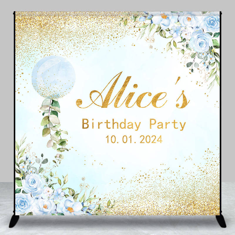 Lofaris Blue Floral Bubble Gold Custom Birthday Backdrop