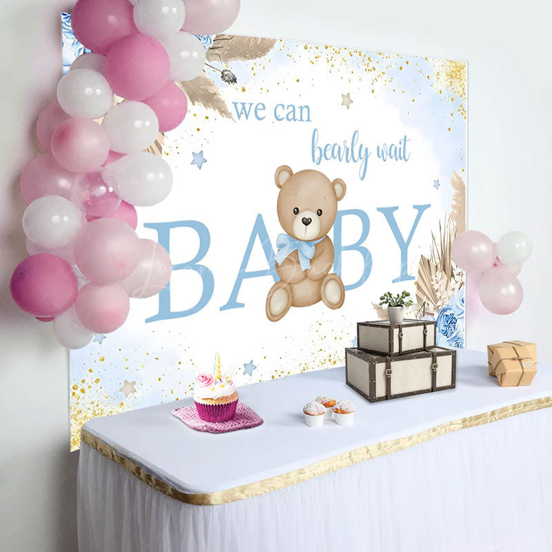 Lofaris Blue Floral Glitter Bear Baby Shower Backdrop