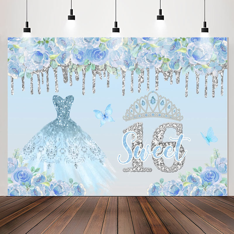 Lofaris Blue Floral Glitter Sweet 16th Birthday Backdrop
