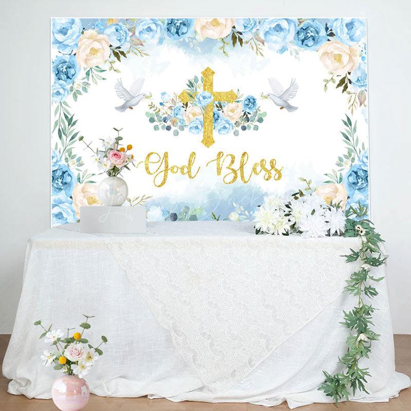 Lofaris Blue Floral God Bless Pigeon Baptism Backdrop