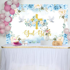 Lofaris Blue Floral God Bless Pigeon Baptism Backdrop