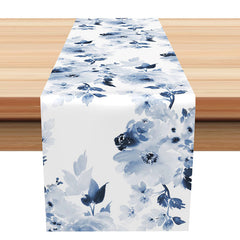 Lofaris Blue Floral Leaves Watercolor Fabric Table Runner