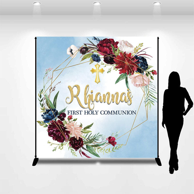 Lofaris Blue Flower Wreath Custom First Holy Communion Backdrop