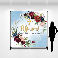 Lofaris Blue Flower Wreath Custom First Holy Communion Backdrop